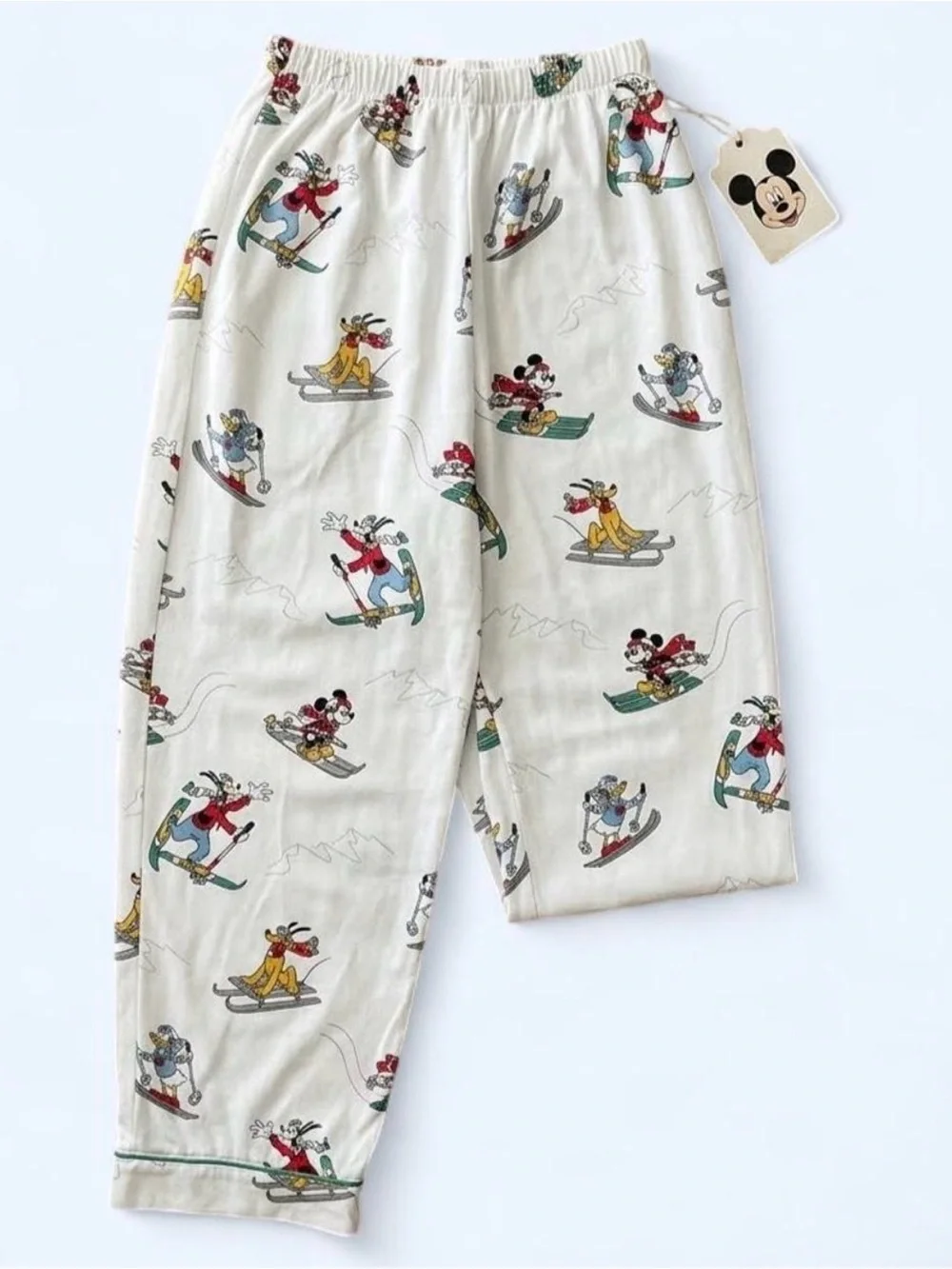 Disney Mickey Mouse Skiing Pajama Set Kids Large White Vintage 90s Christmas